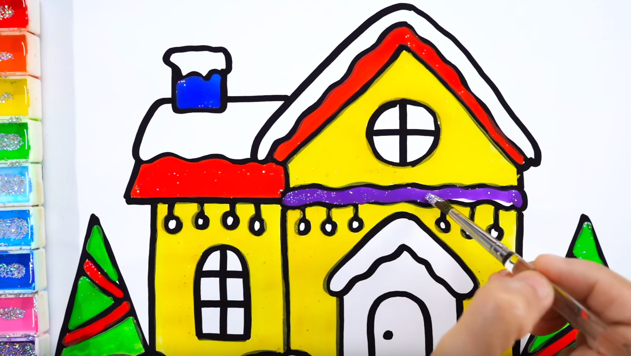 How to draw Christmas House with glitter
