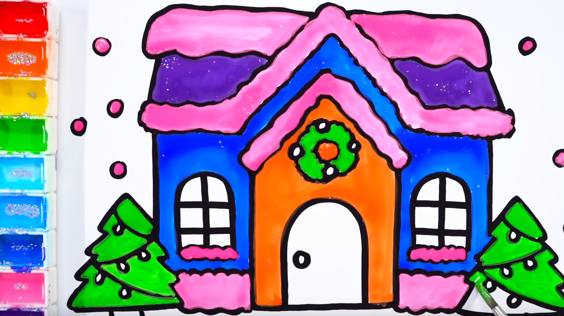 How to draw Christmas House with glitter